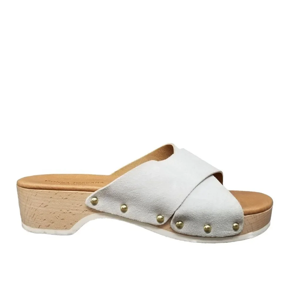 Donna Toscana Wood Platform Slide Sandals Womens White Leather Italian Size 7.5 - Picture 4 of 12